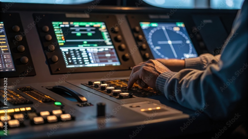 Aufkleber Medium Closeup of Control Panel A technician focuses intently on a illuminated control panel their fingers poised over buttons and screens displaying complex readouts and settings.