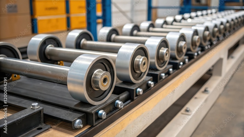 Aufkleber Medium closeup of conveyor system components including rollers and pulleys arranged neatly on a workshop bench emphasizing the engineering behind the installation.