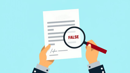 hands inspecting document with magnifying glass word false highlighted