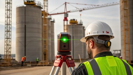 Medium closeup of a worker using a laser level to ensure vertical alignment of silo sections with a background of ongoing construction activities.