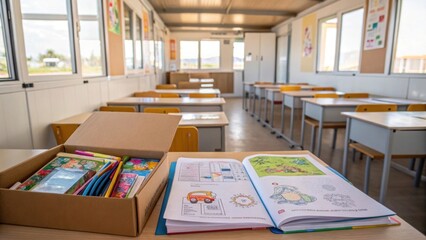 Medium closeup of childrens drawings and educational materials being unpacked inside a newly assembled modular classroom illustrating the purpose and impact of the construction.