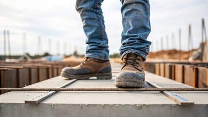 Medium closeup of a workers feet in sy boots standing on concrete forms revealing the interaction...