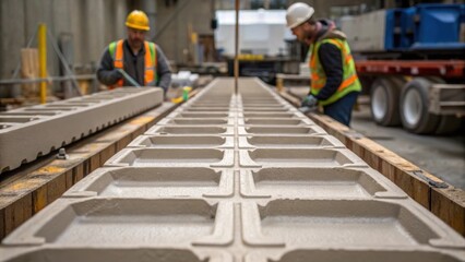 Medium closeup of concrete being poured into molds for tunnel walls with workers carefully monitoring the flow emphasizing the craftsmanship involved in the reinforcement process.