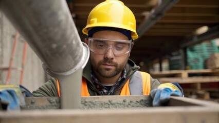 Medium closeup of a worker wearing a hard hat and safety goggles pouring concrete into a mold with a focused expression emphasizing the importance of precision in construction.