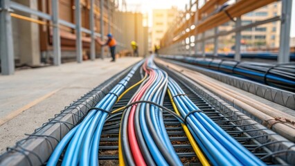 Medium closeup of electrical cables being organized and aligned on a construction site emphasizing...