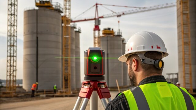 Medium closeup of a worker using a laser level to ensure vertical alignment of silo sections with a background of ongoing construction activities.