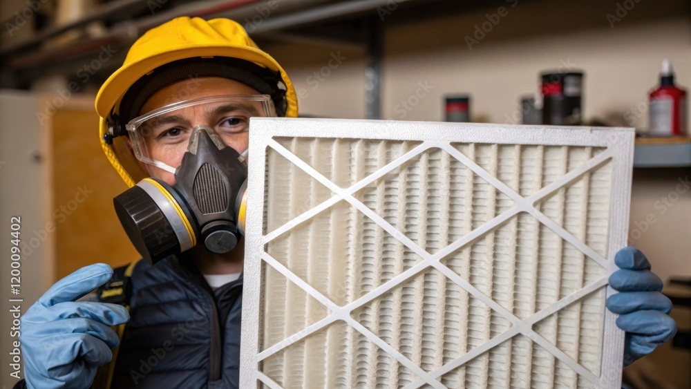 Poster medium closeup of a worker wearing protective gear while fitting a hepa filter into position showcas