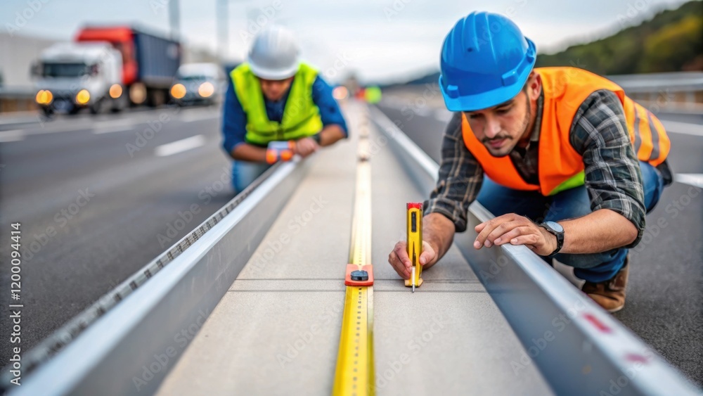 Poster medium closeup of construction workers measuring and marking the placement of barriers along a highw