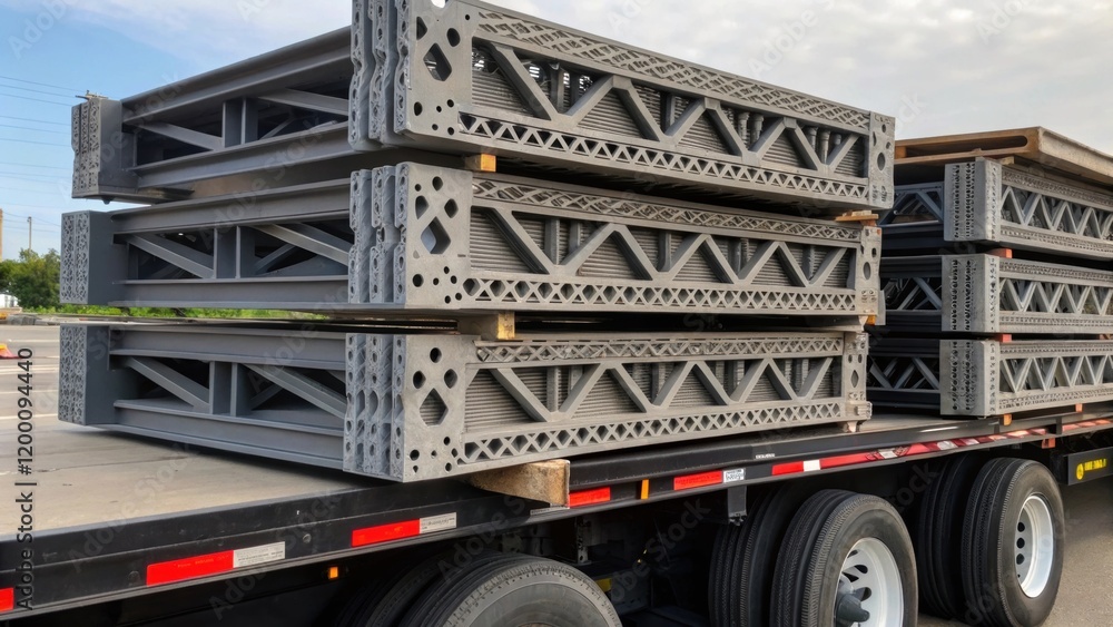 Aufkleber Medium closeup of modular bridge sections stacked on a flatbed trailer revealing intricate designs and the complexity of the materials used.