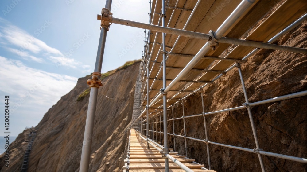 Poster medium closeup of scaffolding made from lightweight but strong materials cradled against a steep cli