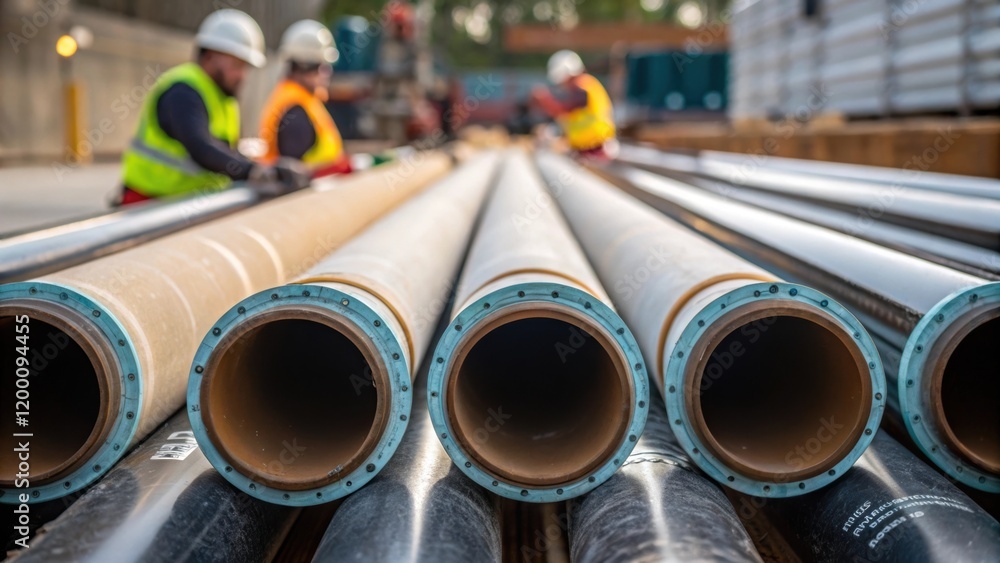 Poster Medium closeup of pipes being assembled showcasing different diameters and materials with laborers collaborating to ensure a tight fit and proper connection for the treatment