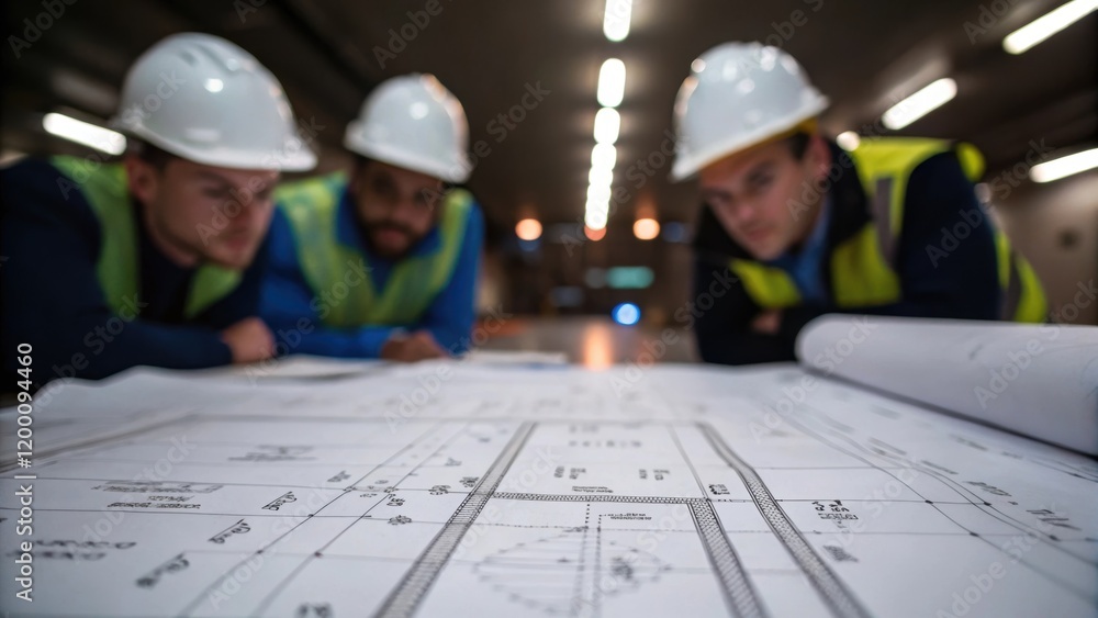 Aufkleber Medium closeup of several engineers huddled over a blueprint spread on a table illuminated by overhead lights as numbers and technical drawings highlight the planning stage of