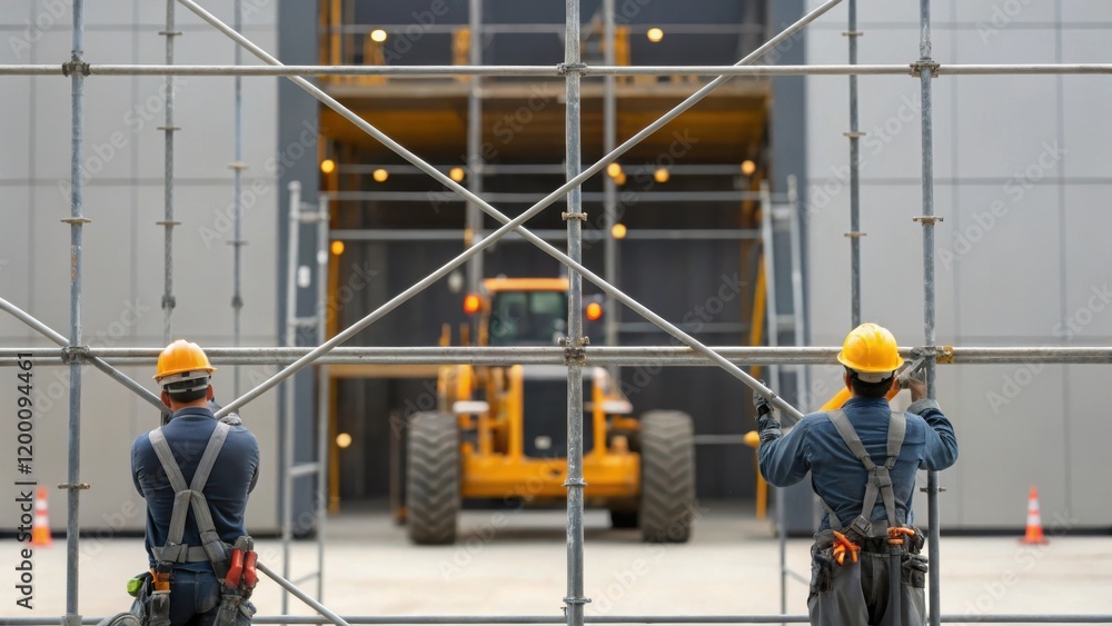 Poster medium closeup of scaffolding around the facilitys exterior showing workers in hard hats using tools