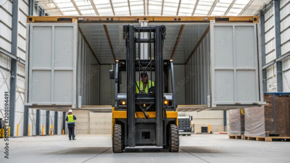 Poster medium closeup of specialized equipment such as a forklift maneuvering a large prefabricated section