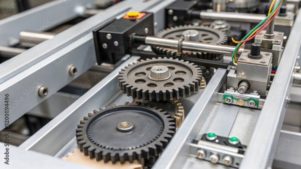 Aufkleber Medium closeup of machinery components showing gears and sensors that facilitate the automated sorting process with intricate details of engineering.