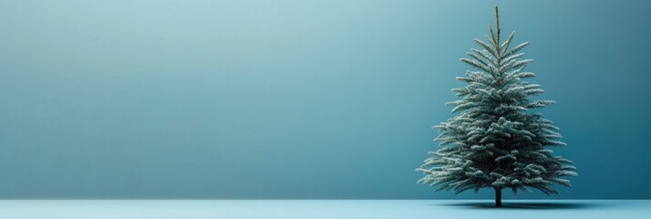 Christmas tree on a blue background with copy space, captured with a wide-angle lens.