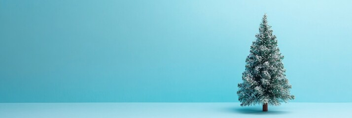 Christmas tree on a blue background with copy space, captured with a wide-angle lens.