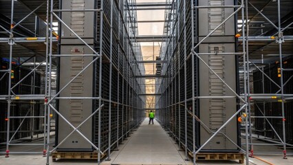 Medium closeup of scaffolding erected around the partially completed data center showcasing the layered structure and depth of the construction environment.