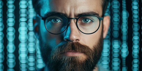 a man with glasses and a beard, looking at the camera, glowing computer code on blur background