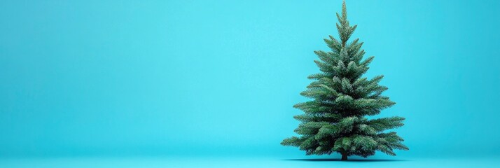 Christmas tree on a blue background with copy space, captured with a wide-angle lens.