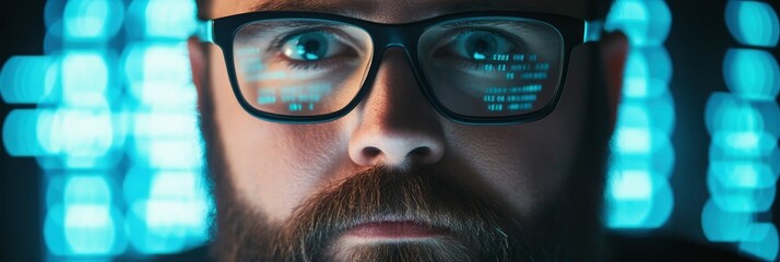 a man with glasses and a beard, looking at the camera, glowing computer code on blur background