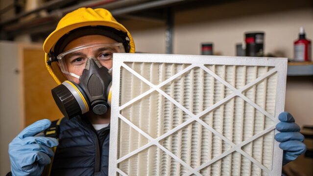 Medium closeup of a worker wearing protective gear while fitting a HEPA filter into position showcasing safety measures during the installation process.