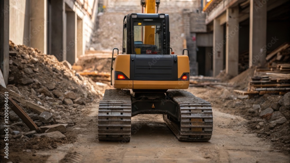 Poster medium closeup of the rear of a compact excavator showcasing its tracks as it turns sharply within a