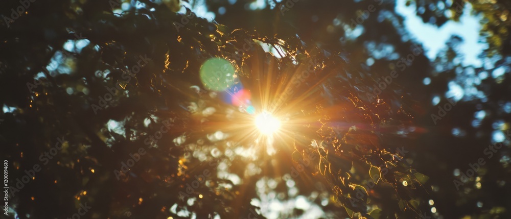 Poster golden sunlight filters through leaves creating a warm lens flare effect in a serene outdoor setting