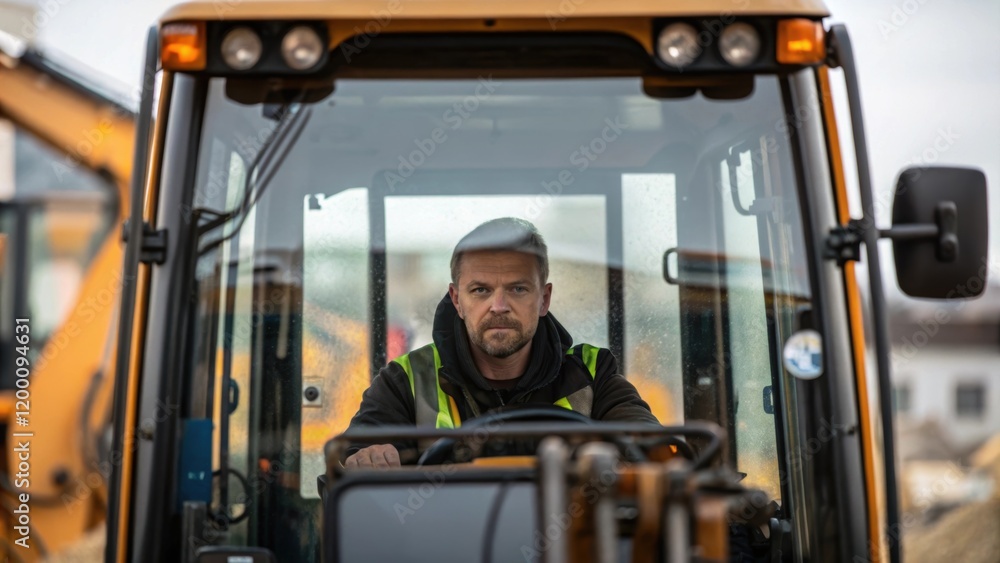 Aufkleber Medium closeup of the operator inside the cab of a compact excavator focused on the task with the cabins controls and windows reflecting the chaotic worksite.