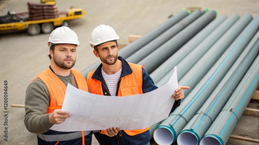 Poster Medium closeup of two crew members discussing the layout plan papers in hand as a series of conduit segments lie ready for installation in the background.