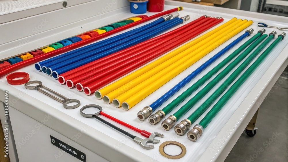 Poster medium closeup of vibrant colorcoded piping laid out on a workbench with tools and connectors arrang