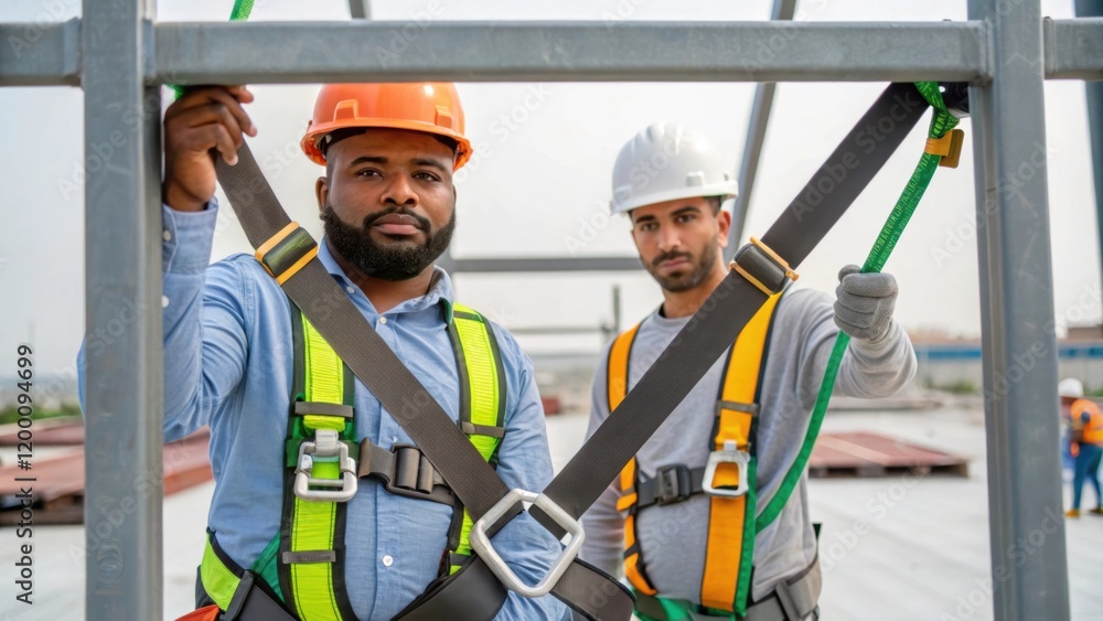 Aufkleber Medium closeup of two workers one holding a safety harness while the other demonstrates proper attachment techniques to a sy frame emphasizing safety protocols.
