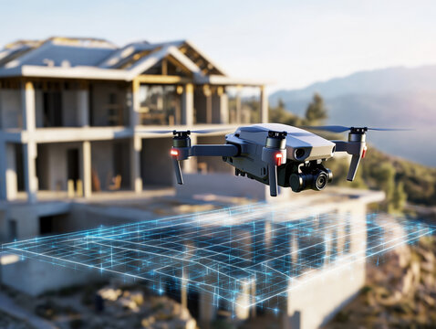 Drone surveying a construction site with detailed planning overlays in a mountainous area during daylight