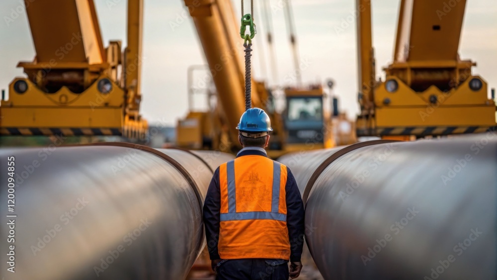 Aufkleber Pipe Layers in Action A medium closeup of a crane operators view as it lowers a large pipe into place with a worker standing by to guide its positioning capturing the coordination