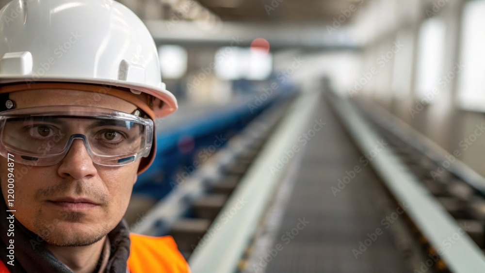 Poster safety gear a closeup of a worker wearing a hard hat and safety goggles reflecting concentration as 