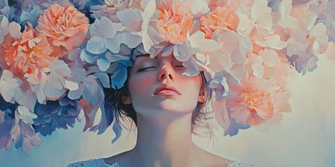 Oil painting of a woman with pastel-colored flowers around her head, surreal and dreamy.