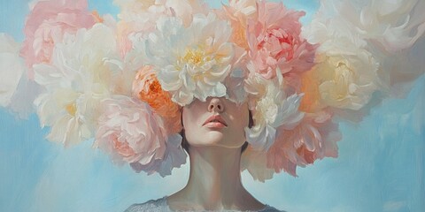 Oil painting of a woman with pastel-colored flowers around her head, surreal and dreamy.