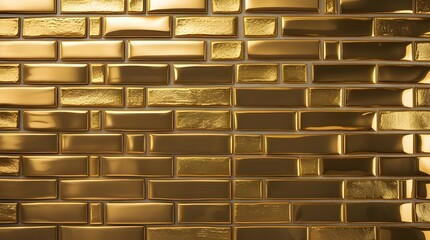 Metallic gold brick wall texture background with a glossy and reflective finish
