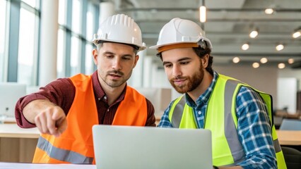  one points towards a section of the site while the other listens highlighting collaboration and teamwork in a dynamic work environment.