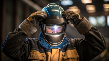 Protective Clothing A medium closeup showing a welder adjusting their gloves and mask with reflections of the welding arc visible in the helmet visor.