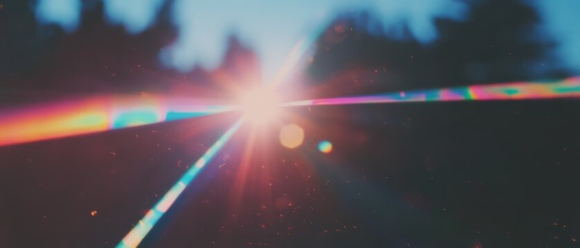 Beautiful lens flare overlay blending with serene nature background at sunset