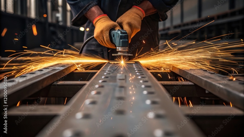 Aufkleber The hands of a crew member using a power tool on a bridge module sparks flying as metal grinds against metal emphasizing the intensity of the task at hand.