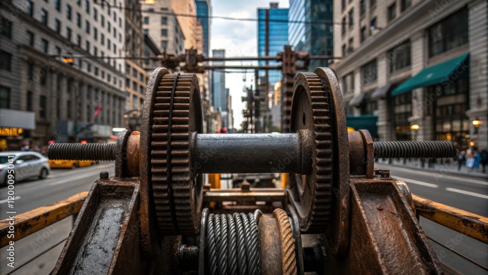 Poster The intricate detail of the cranes gears and pulleys with grease smudges hinting at the machines robust usage amidst the urban chaos.