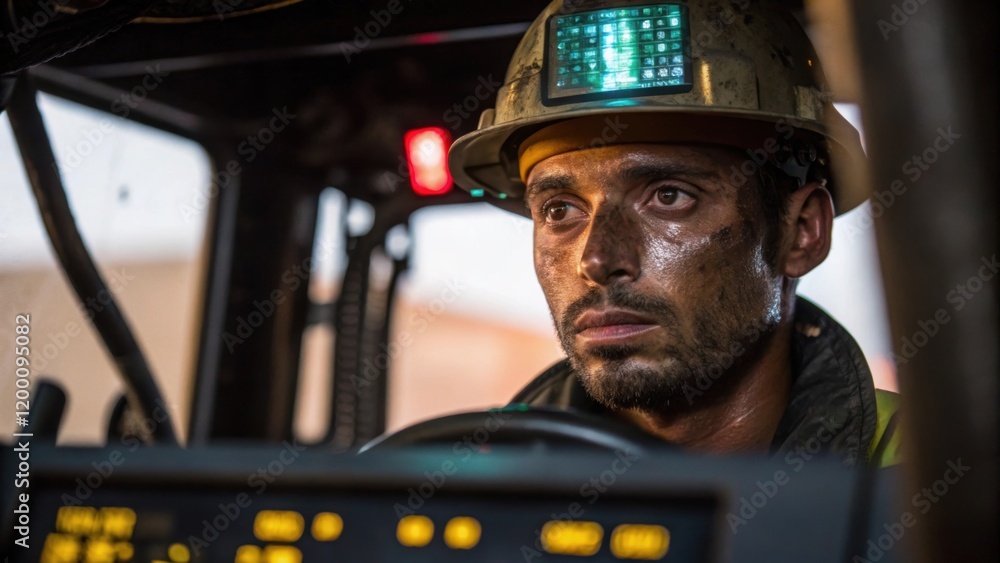 Aufkleber The operators face illuminated by the digital display of the control panel sweat glistening on their brow conveying the pressure and intensity of operating heavy machinery on a
