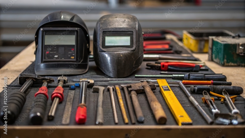 Poster Toolset Focus A closeup of an organized array of welding tools and equipment laid neatly on a work surface highlighting their wear and functionality.