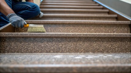 The camera closely examines the textured surface of a prefabricated stair riser as a team member brushes off debris highlighting preparation for installation.