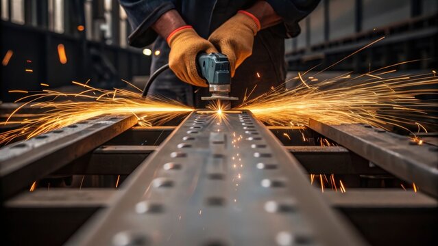The hands of a crew member using a power tool on a bridge module sparks flying as metal grinds against metal emphasizing the intensity of the task at hand.
