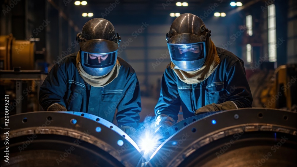Poster workers in protective gear welding large metal components for the desalination unit the glow of the 