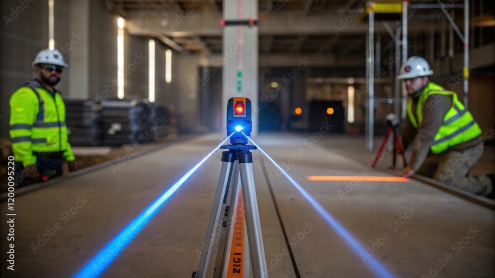 Aufkleber workers using a laser level to ensure accuracy during installation the bright beam ting sharply thro