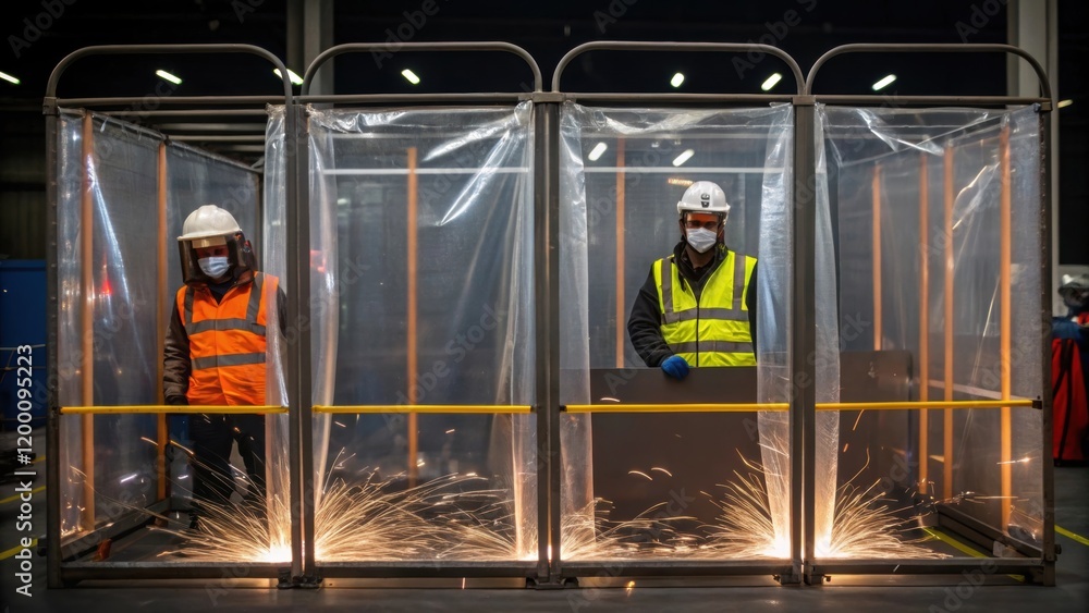 Aufkleber Workers in the background safely positioned behind transparent protective barriers watching the ongoing welding process unfold conveying a sense of safety in the workspace.